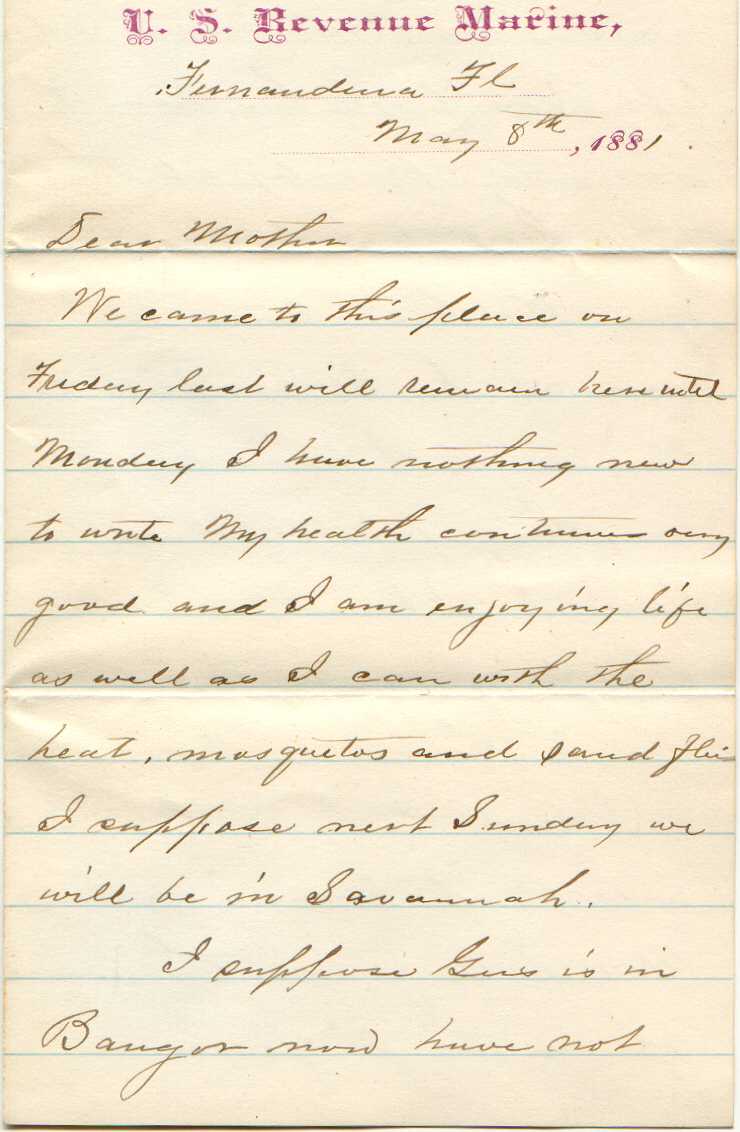 1881 Revenue Marine sailor's letter from Fernandina.